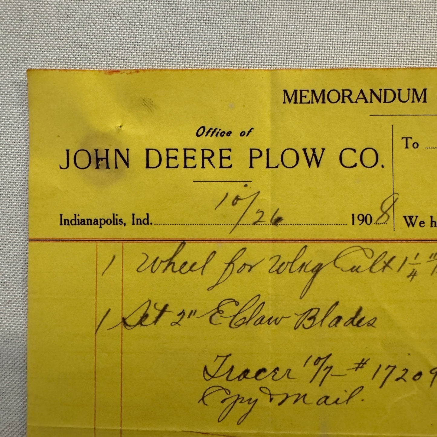 1908 John Deere Plow Company Antique Document Receipt Invoice Farm Equipment