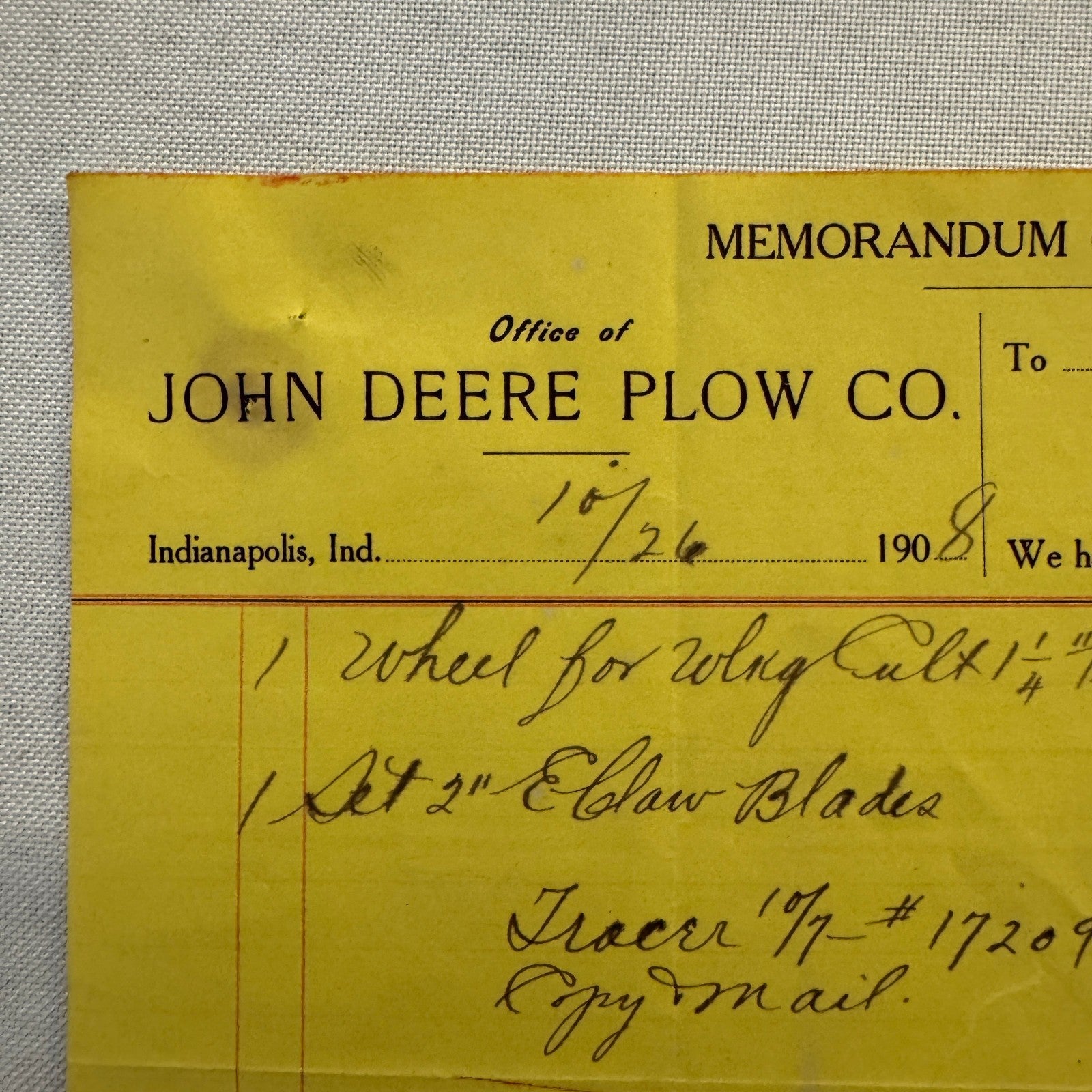 1908 John Deere Plow Company Antique Document Receipt Invoice Farm Equipment