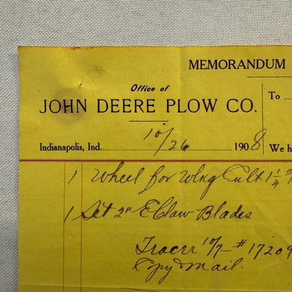 1908 John Deere Plow Company Antique Document Receipt Invoice Farm Equipment