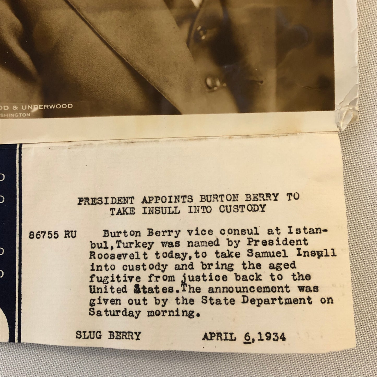 Press Photograph Photo President Roosevelt Fugitive Samuell Insull Burton Berry