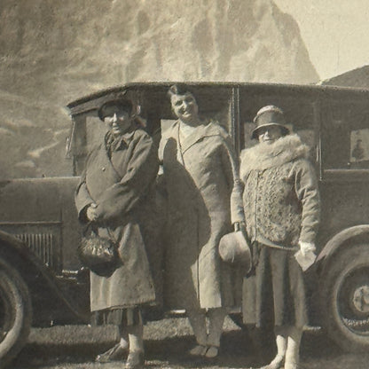 Vintage Photo Photograph Print People with Antique Car Automobile Mountains