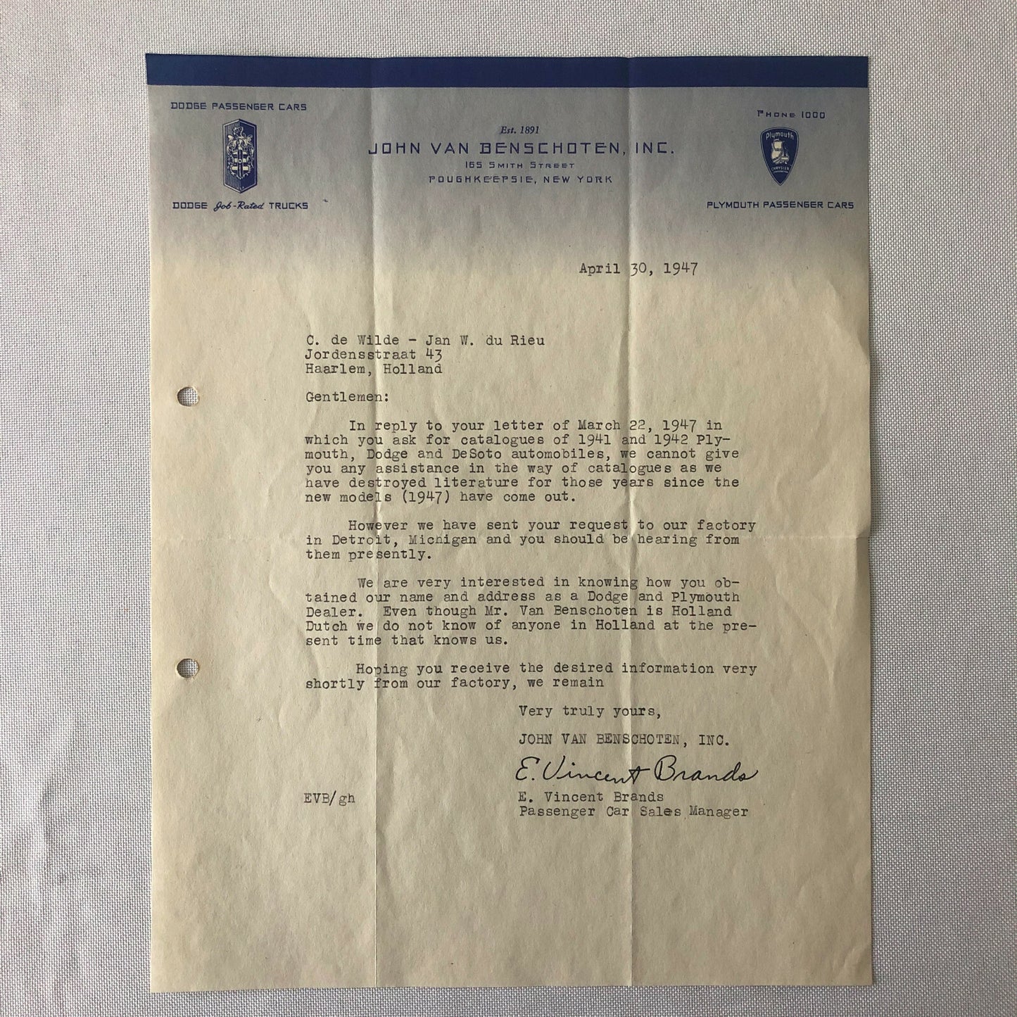 1947 Dodge & Plymouth Car Dealership Letter - Poughkeepsie New York NY Mopar