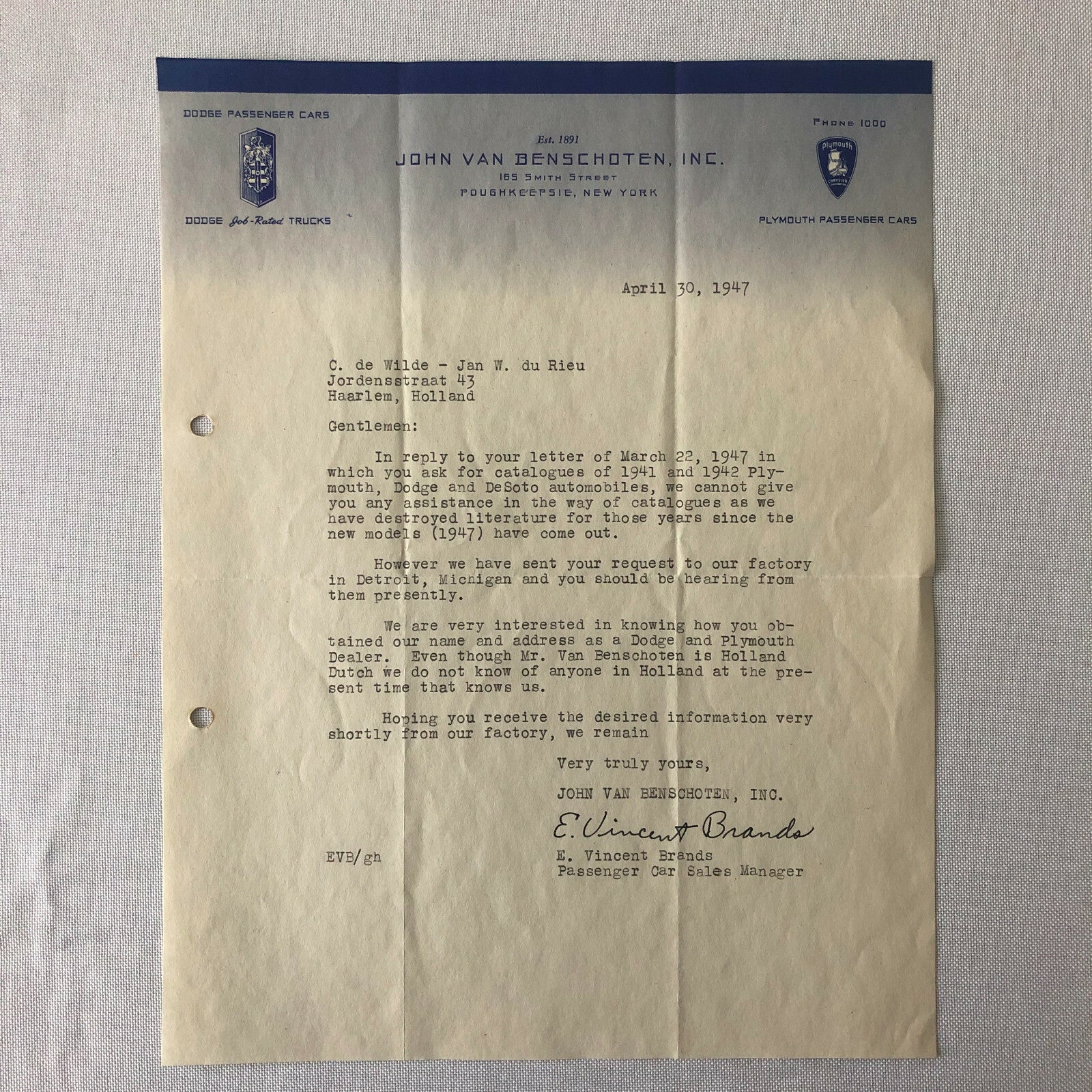 1947 Dodge & Plymouth Car Dealership Letter - Poughkeepsie New York NY Mopar