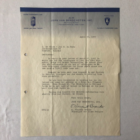 1947 Dodge & Plymouth Car Dealership Letter - Poughkeepsie New York NY Mopar