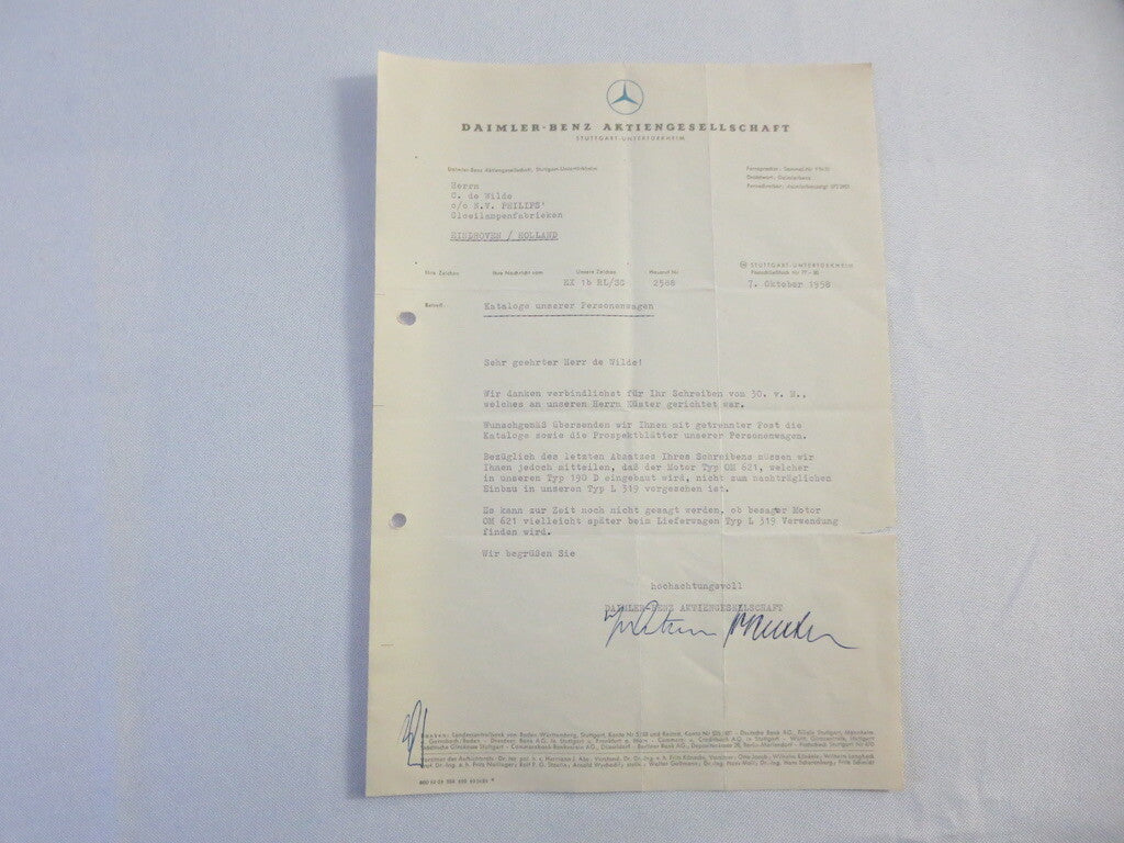 1958 Mercedes Benz Daimler Letter Letterhead Document - German Text 