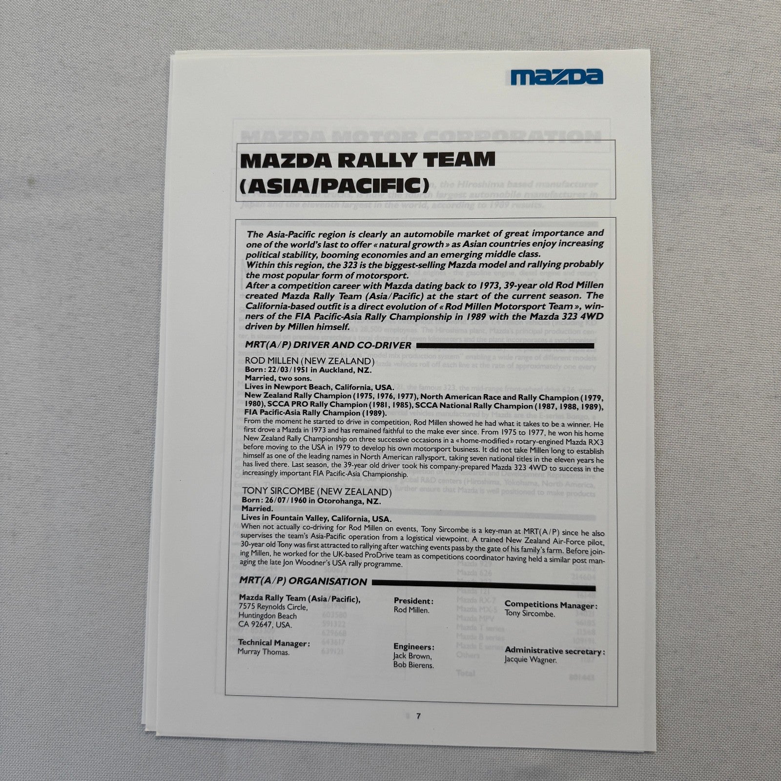 1990 Mazda Group A WRC Rally Rallye Racing Press Kit Brochure Mazda 323