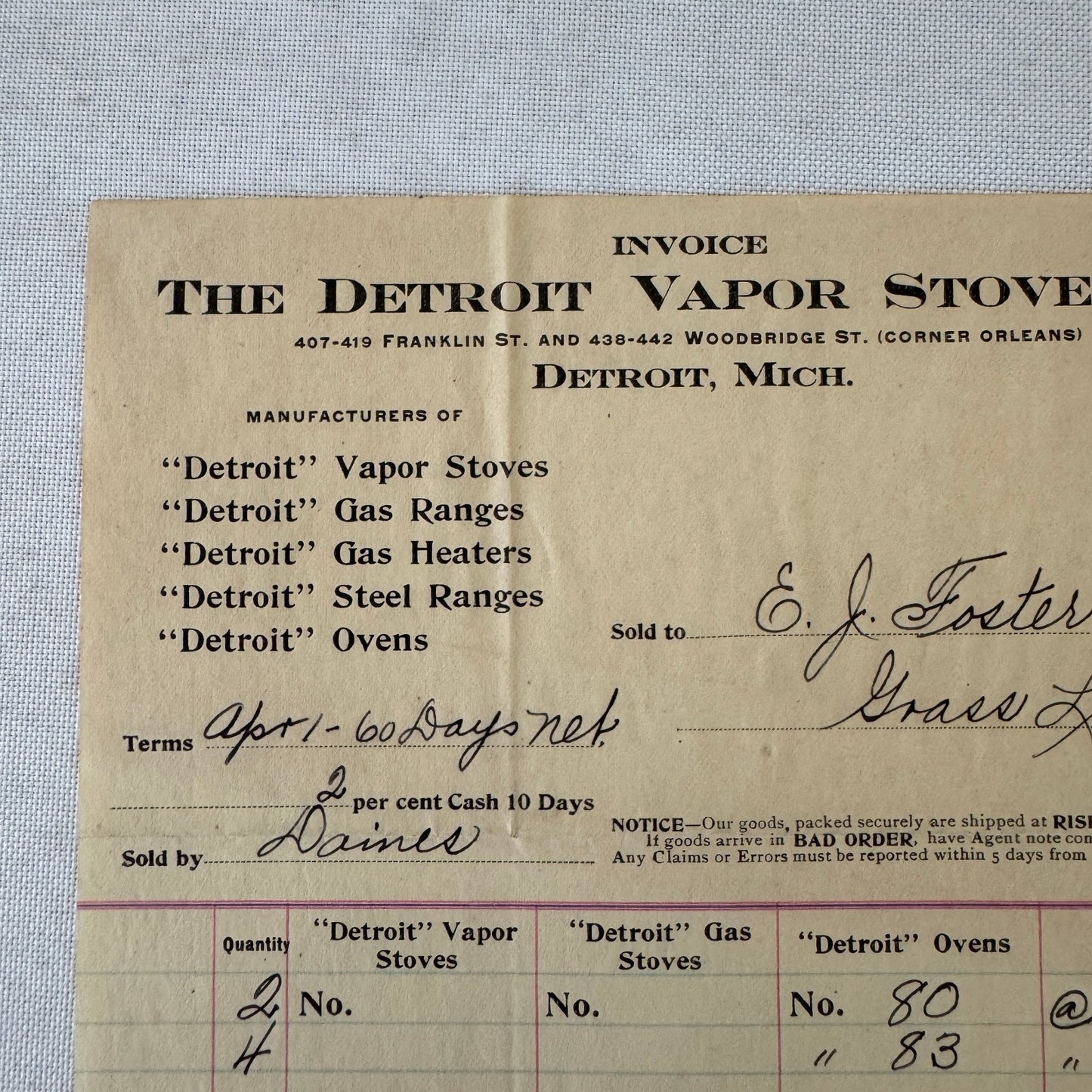 Detroit Vapor Stove Company Receipt Invoice Document 1908 Detroit Michigan