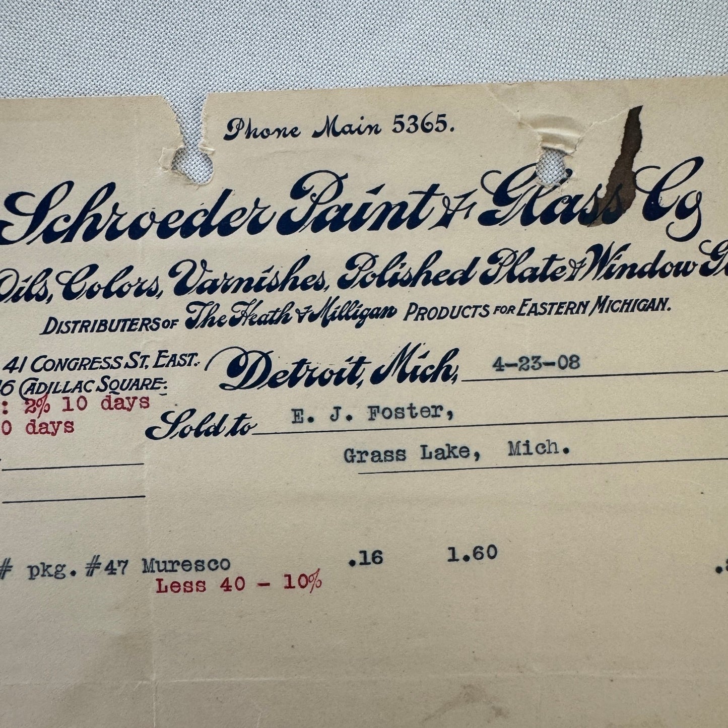 Schroeder Paint & Glass Company Detroit Michigan 1908 Receipt Document Lot 5x