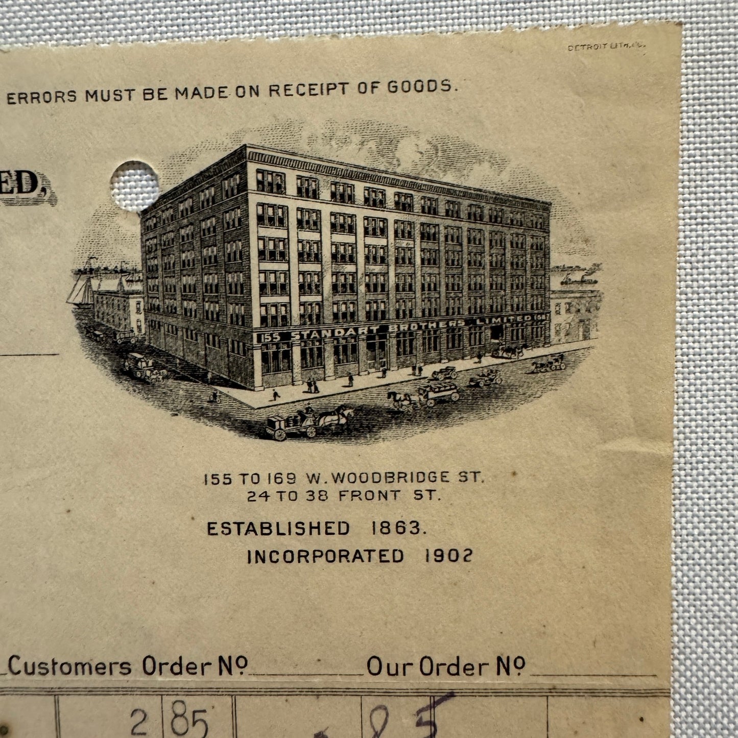 Standart Brothers Detroit Michigan Receipt Document Letterhead 1908 Lot 6x