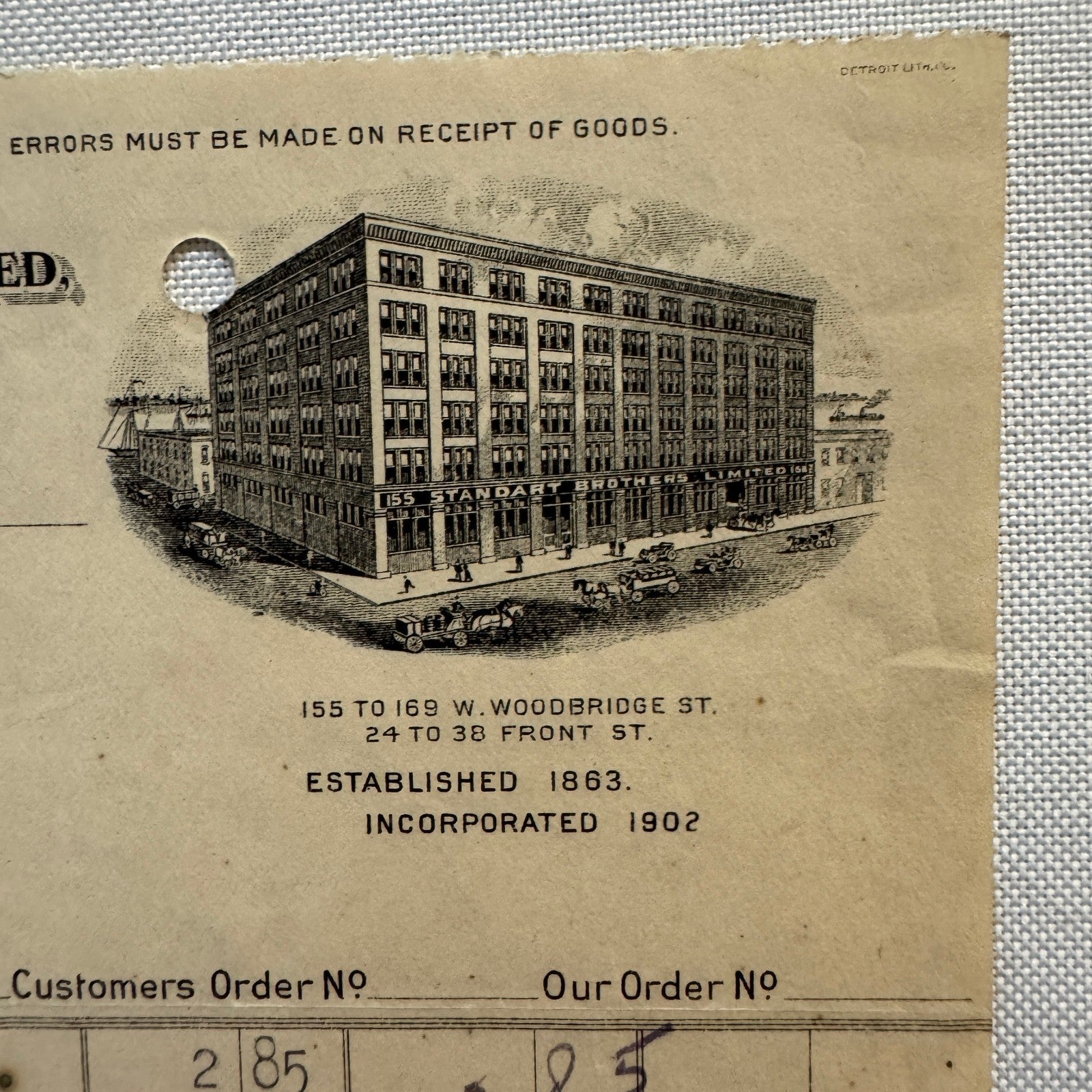 Standart Brothers Detroit Michigan Receipt Document Letterhead 1908 Lot 6x