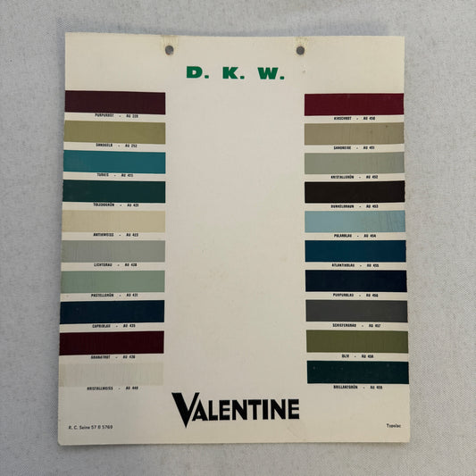 Vintage DKW Car Paint Chip Color Sample Sheet Valentine