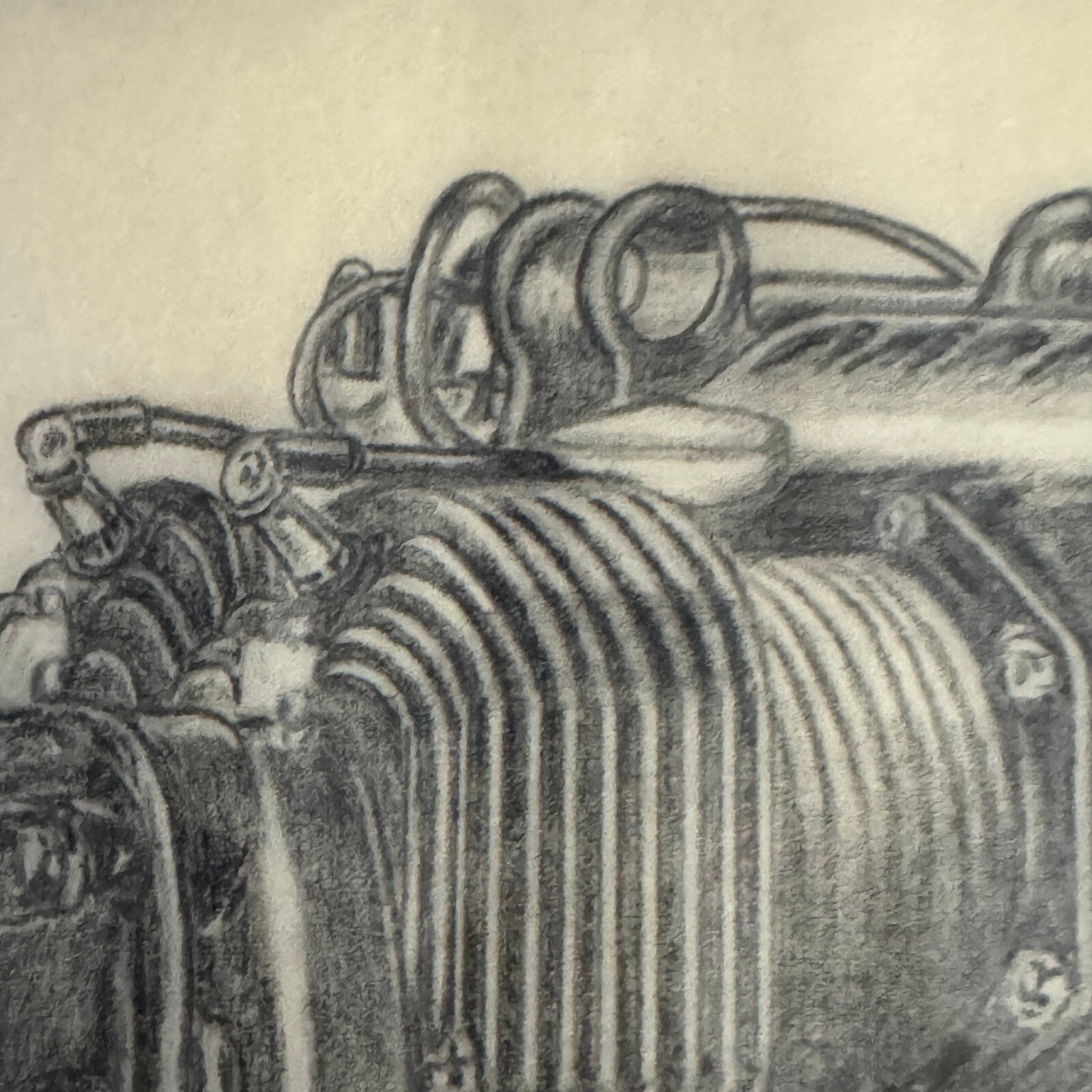 Vintage 1946 Pencil Illustration Drawing Aircraft Engine Motor by Ford Engineer 