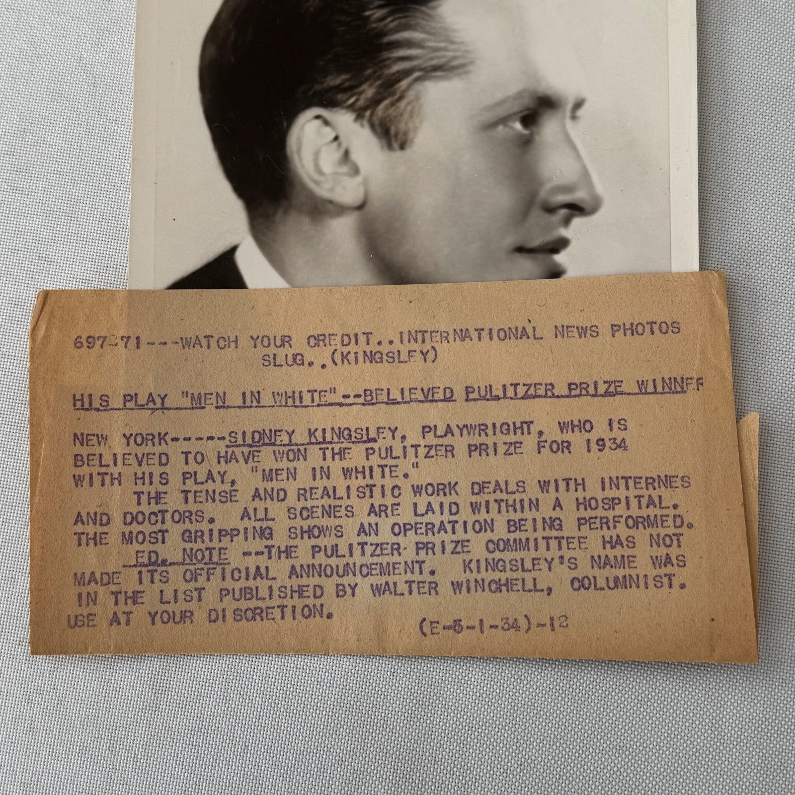Sidney Kingsley Playwright Pulitzer Prize 1934 Press PHoto Photograph Vintage
