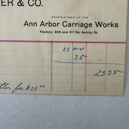 Walker and Company Receipt Letterhead Document 1908 Carriage Sleigh Ann Arbor MI