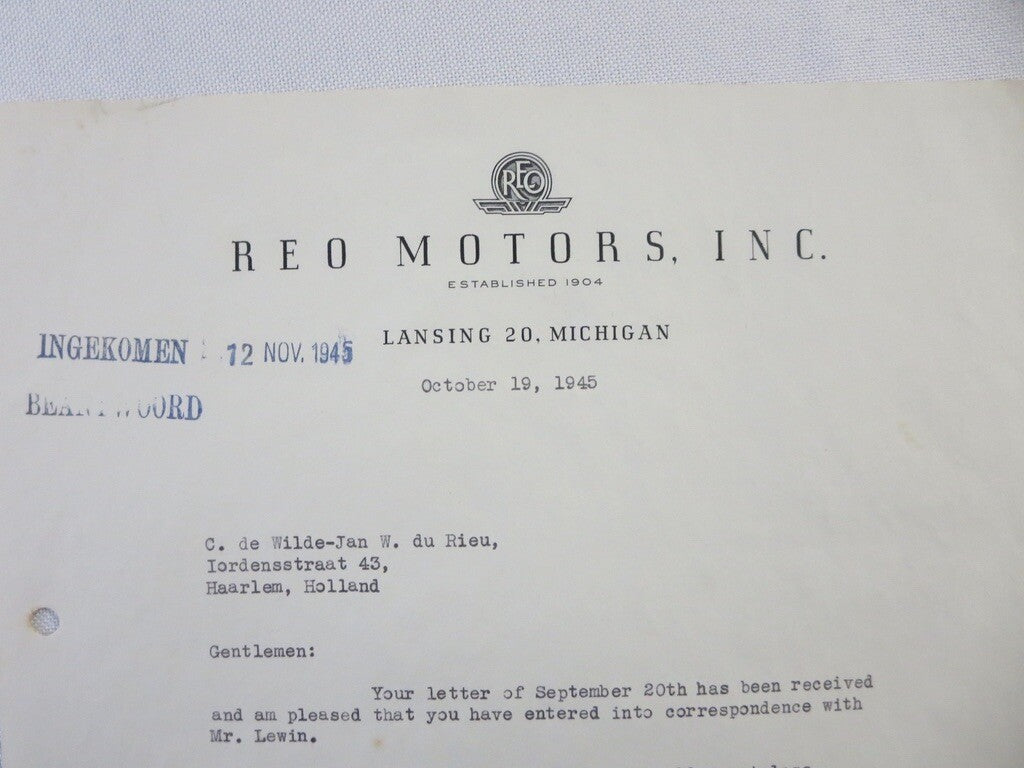 1945 REO Motors Inc Correspondence Letter Letterhead REO Truck Bus