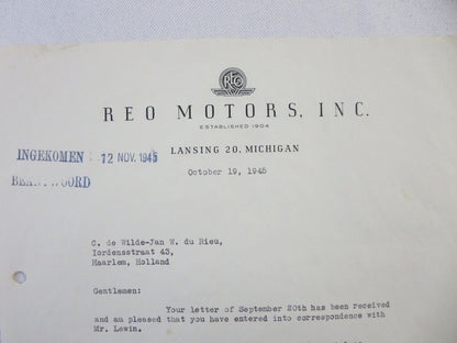 1945 REO Motors Inc Correspondence Letter Letterhead REO Truck Bus