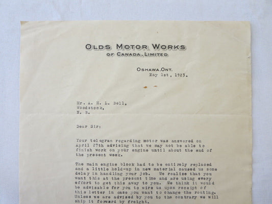 1923 Olds Motor Works of Canada Oldsmobile Factory Letter - Engine Repair Delay
