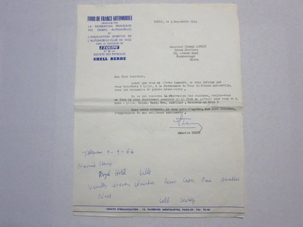 1964 Tour de France Automobile Car Racing Letter on Letterhead - Joseph Lowrey 