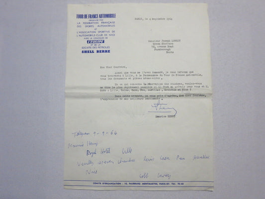 1964 Tour de France Automobile Car Racing Letter on Letterhead - Joseph Lowrey 