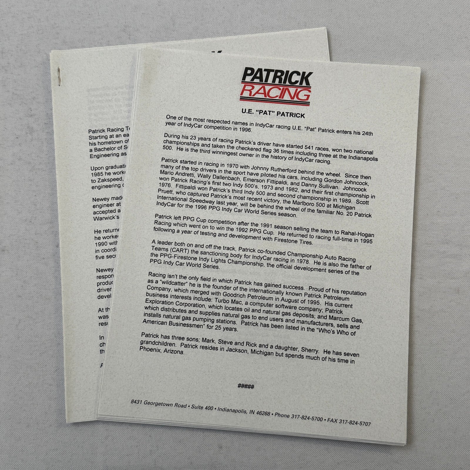 1996 Patrick Racing Press Kit Scott Pruitt IndyCar Vintage Brochure Photos