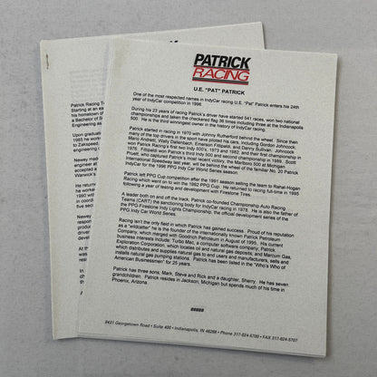 1996 Patrick Racing Press Kit Scott Pruitt IndyCar Vintage Brochure Photos