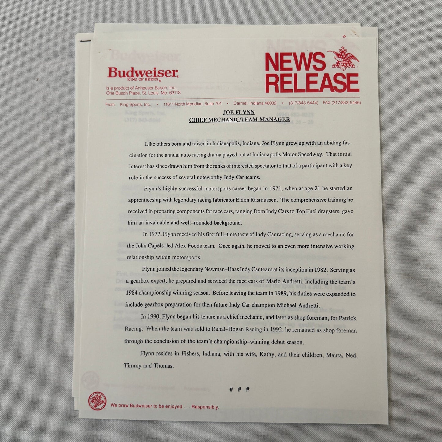 1993 Budweiser King Indy Car Racing Press Kit Roberto Guerrero