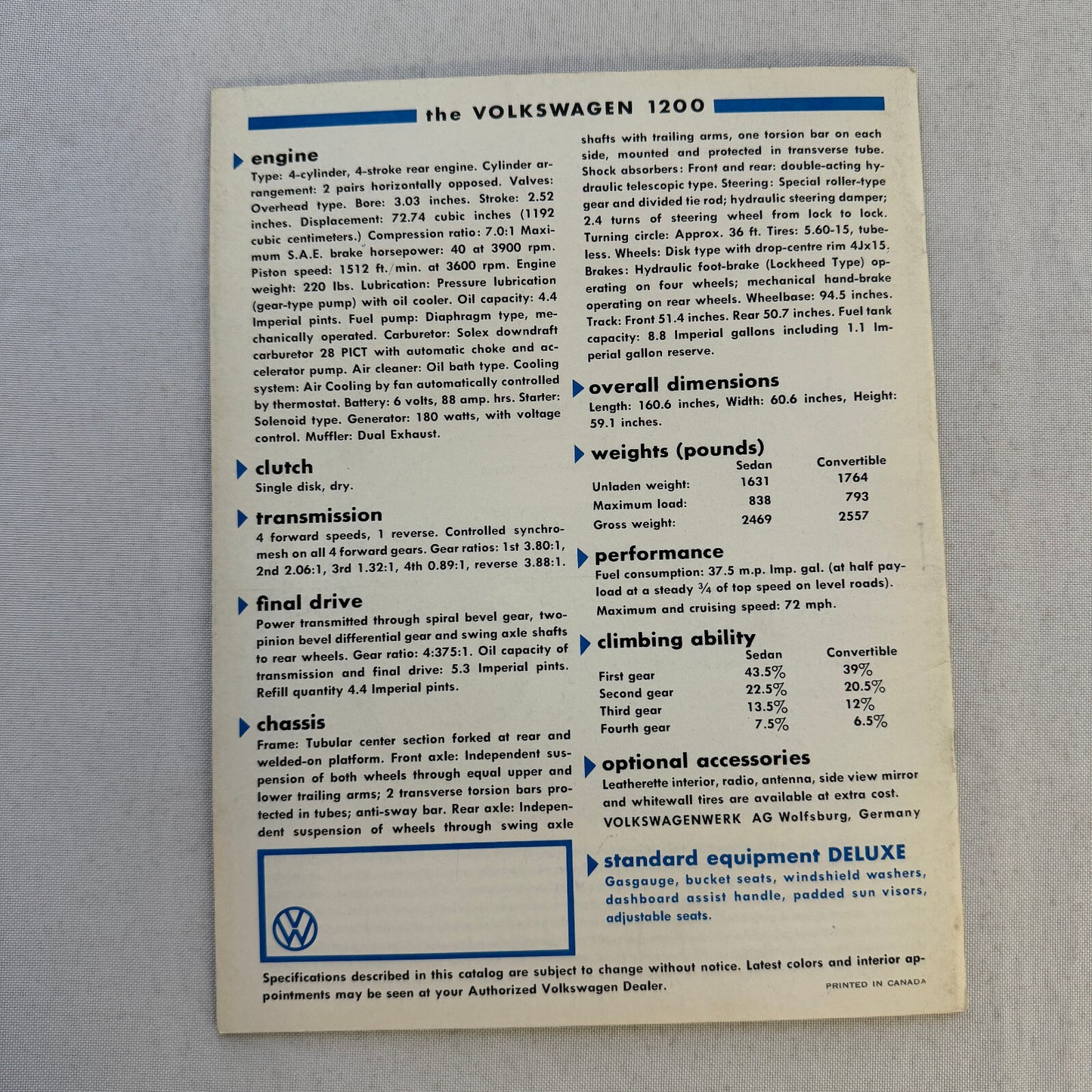 Volkswagen VW 1200 Beetle Bug Car Sales Brochure Catalog Advertising Vintage