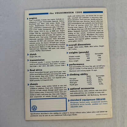 Volkswagen VW 1200 Beetle Bug Car Sales Brochure Catalog Advertising Vintage