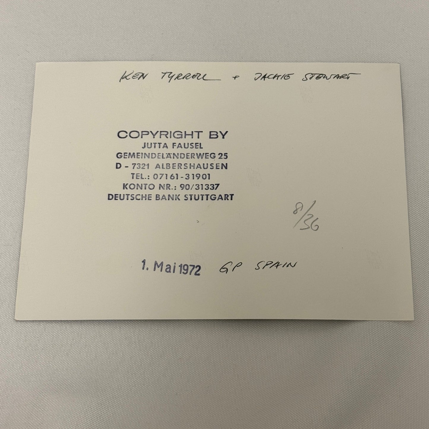 Vintage Racing Photo Ken Tyrrell Jackie Stewart 1972 Spanish Grand Prix Race