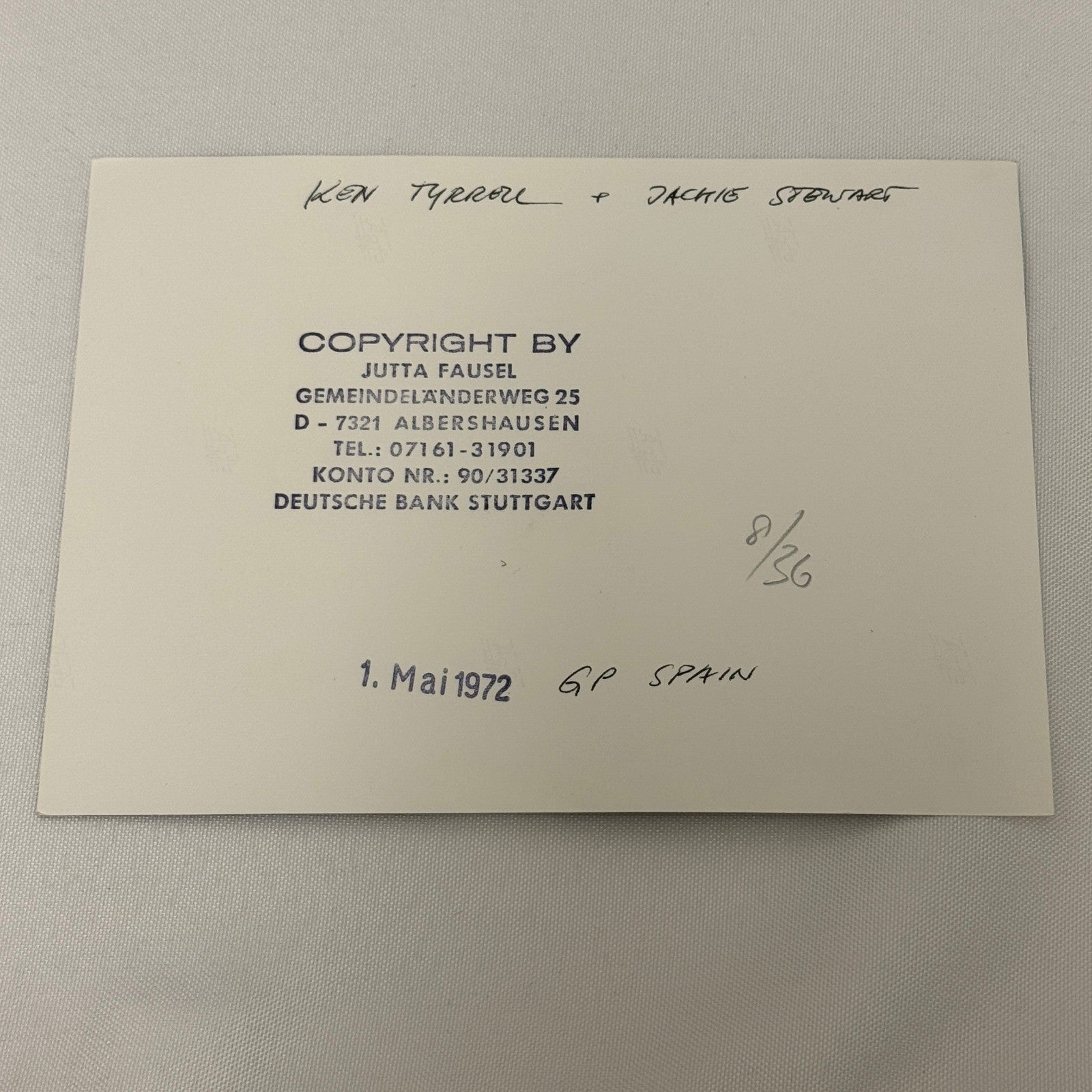 Vintage Racing Photo Ken Tyrrell Jackie Stewart 1972 Spanish Grand Prix Race