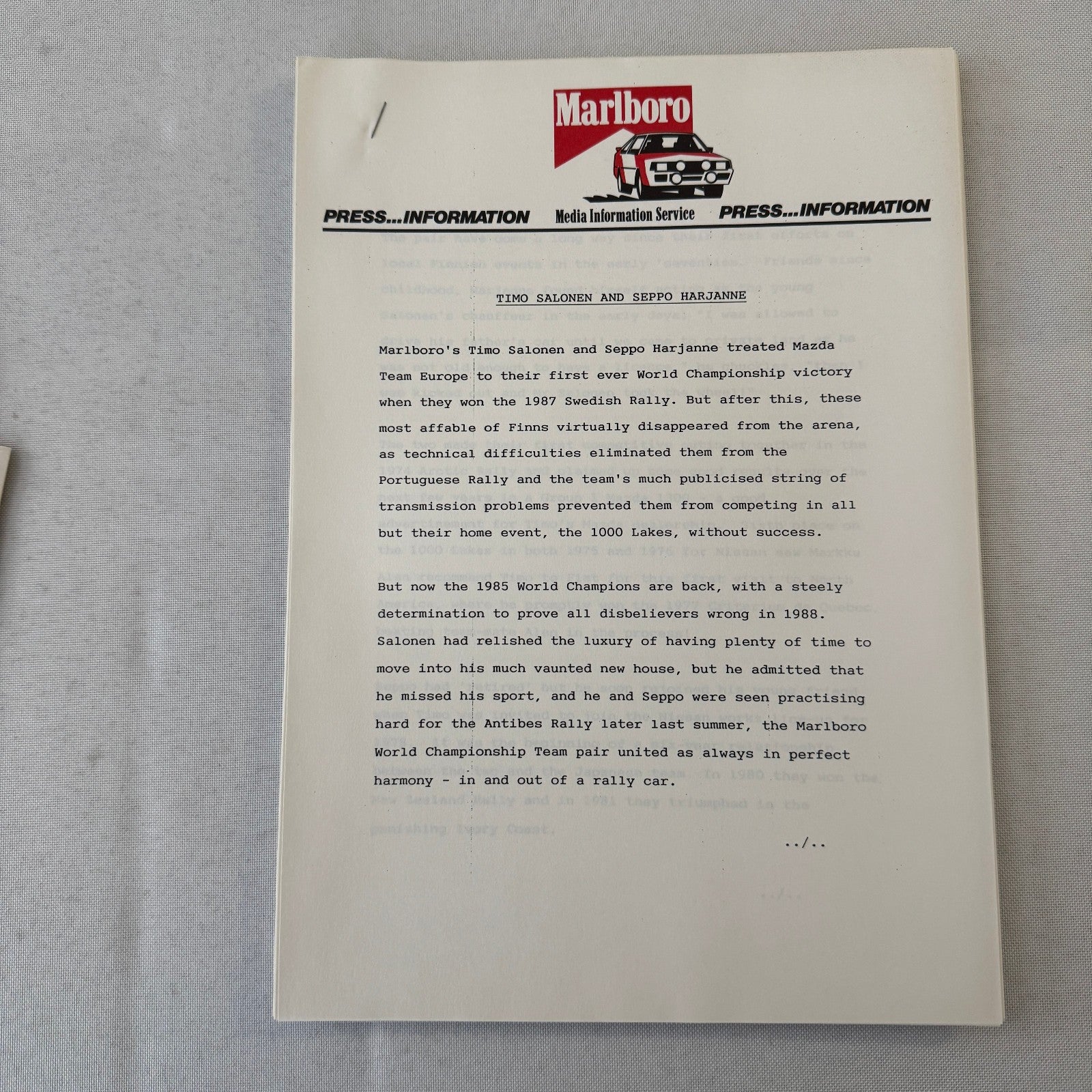 1988 Marlboro Rally Racing World Championship Press Kit Mazda Lancia Toyota