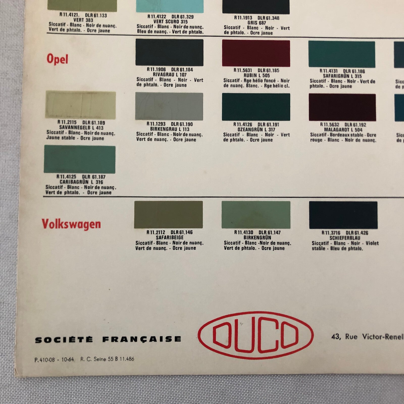 1965 Volkswagen Fiat and Opel Car Paint Chip Color Sample Sheet DUCO
