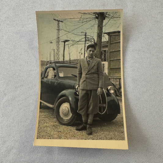 Vintage Italian Photo Postcard Post Card Boy with Automobile Italy