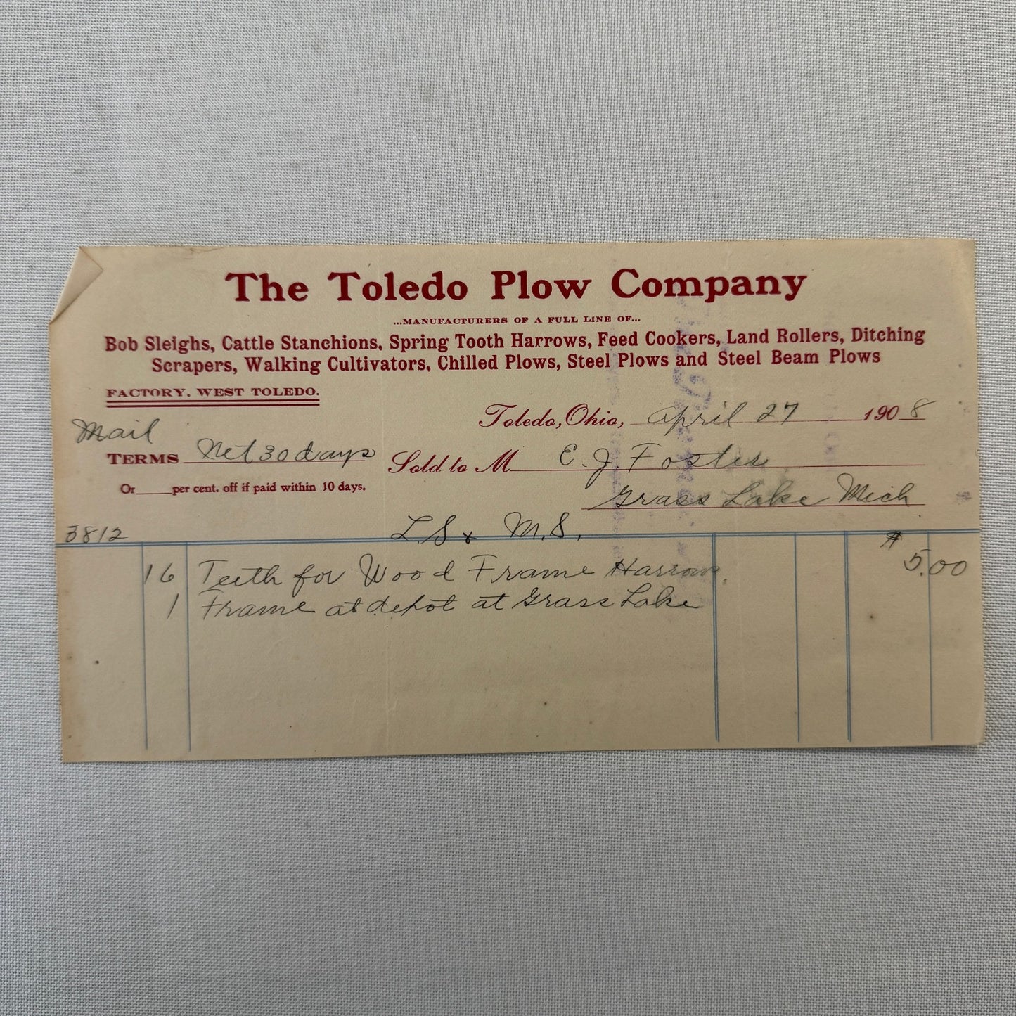 The Toledo Plow Company Invoice Receipt Document Lot 2x 1906 1908 Antique