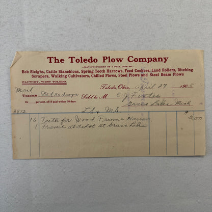 The Toledo Plow Company Invoice Receipt Document Lot 2x 1906 1908 Antique