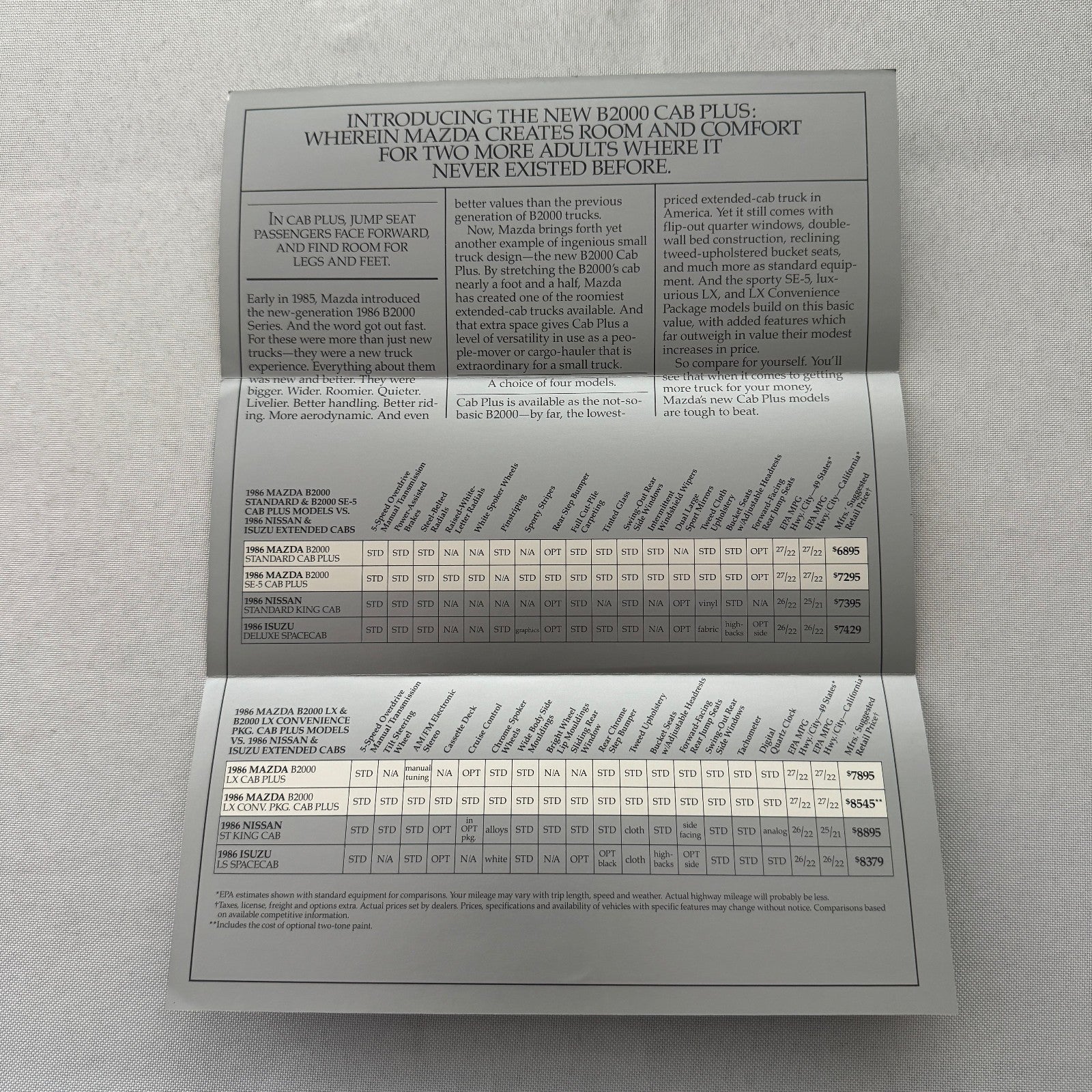 1986 Mazda B2000 Cab Plus Brochure Catalog Vintage
