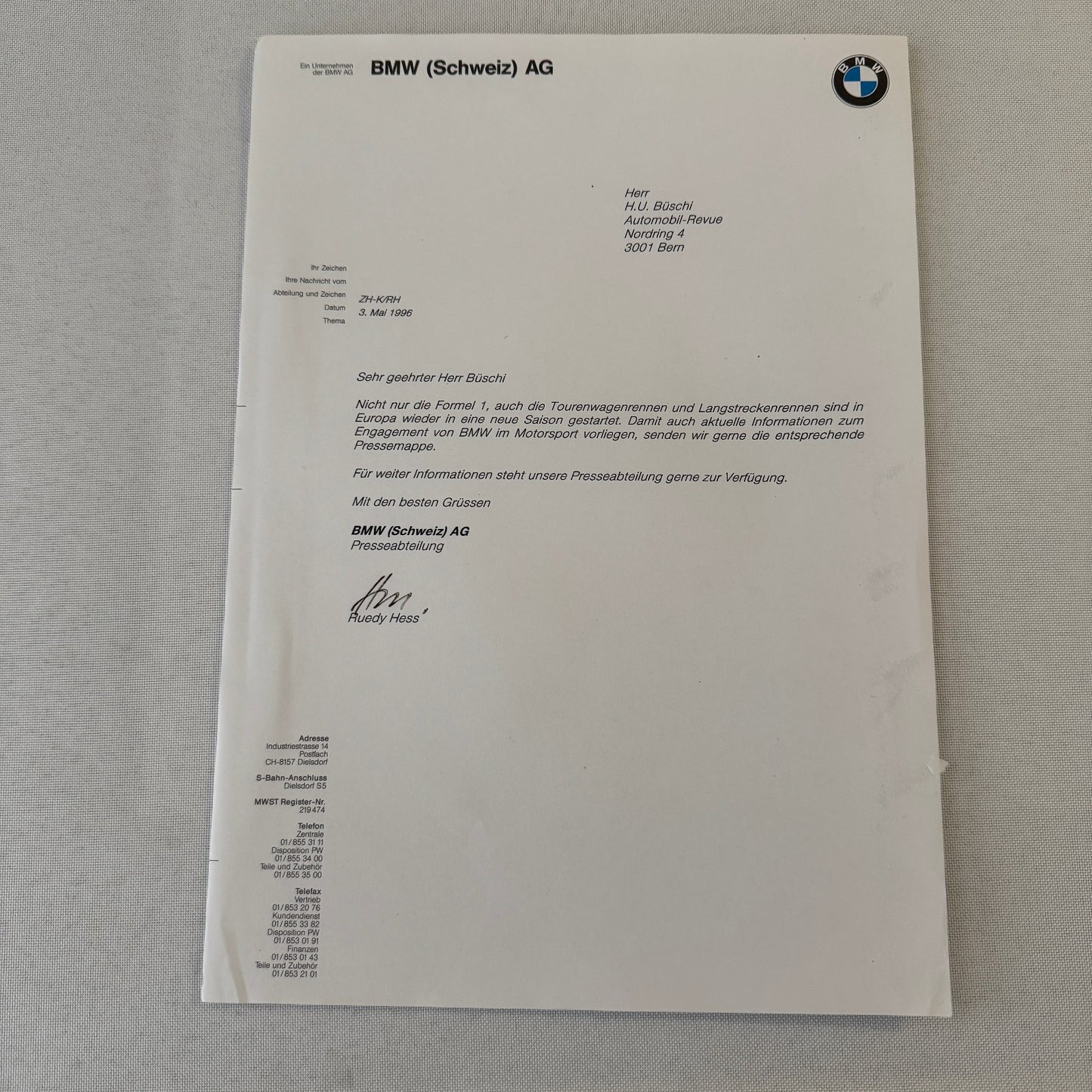 1996 BMW Racing Motorsport Press Kit McLaren F1 GTR BMW 320i Race Car GERMAN