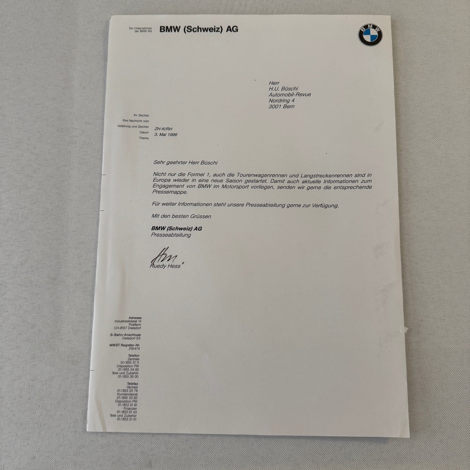 1996 BMW Racing Motorsport Press Kit McLaren F1 GTR BMW 320i Race Car GERMAN