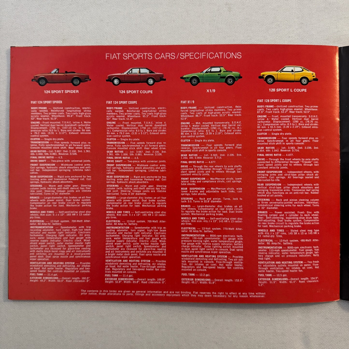 1974 Fiat Sports Car Sales Brochure Catalog 124 Sport Spider X1/9 X19 Sport L