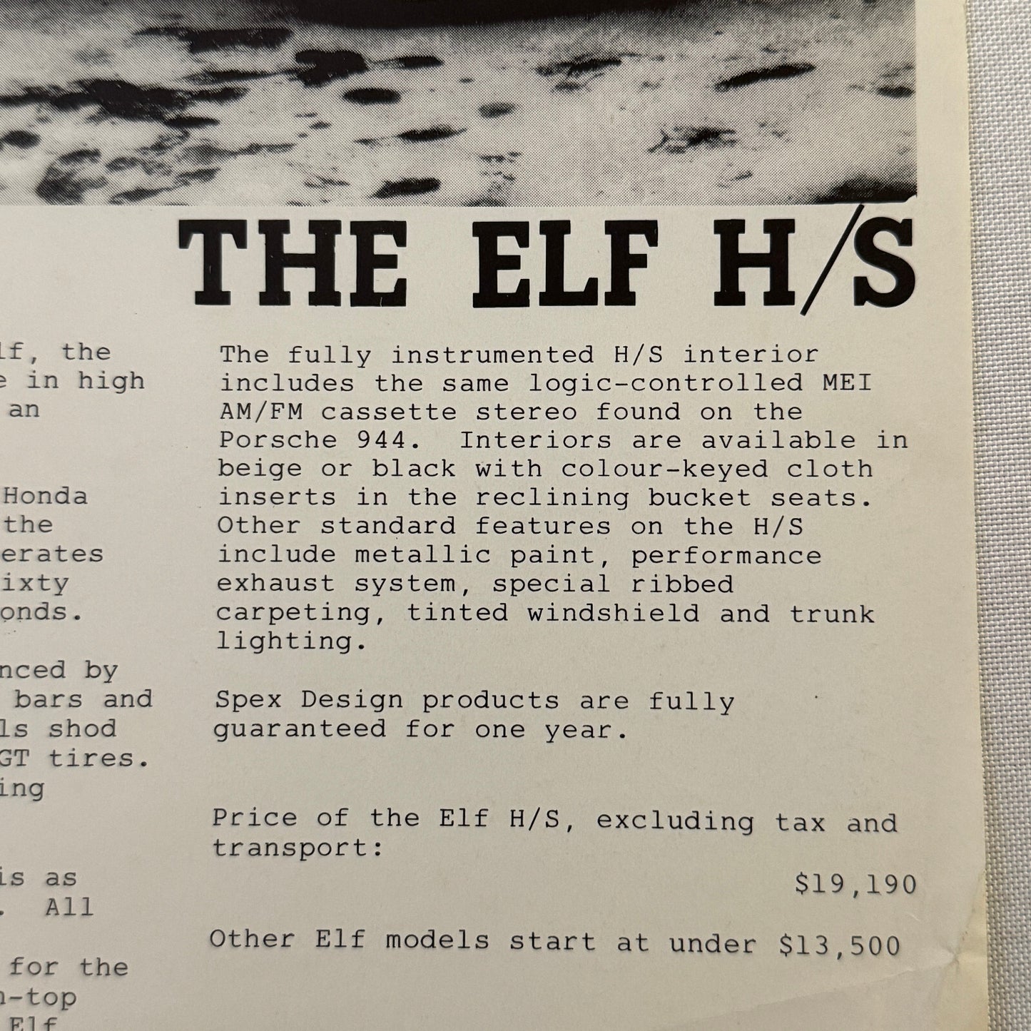 Spex Design Inc ELF HS Convertible Car Sales Sheet Brochure Advertising