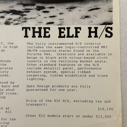 Spex Design Inc ELF HS Convertible Car Sales Sheet Brochure Advertising