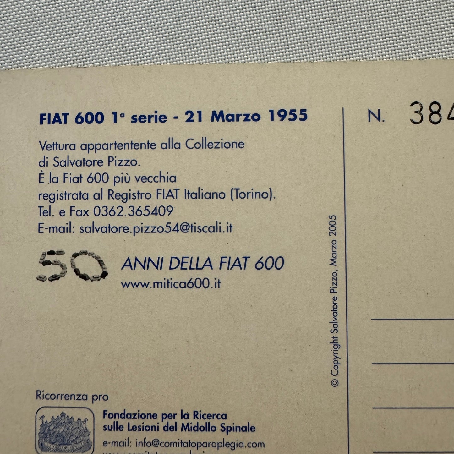 1955 Fiat 600 Italian Postcard Post Card Collectible Numbered 2005