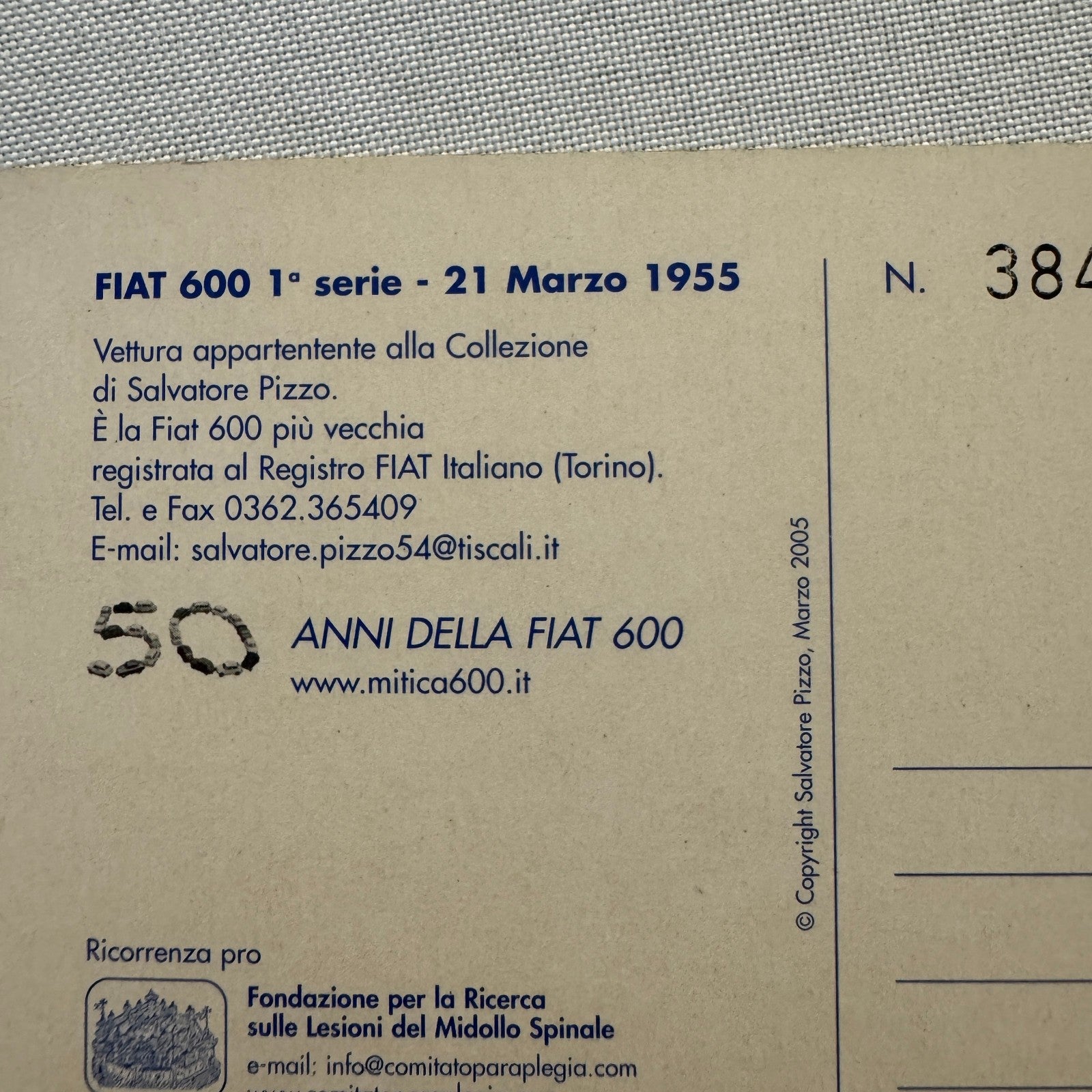 1955 Fiat 600 Italian Postcard Post Card Collectible Numbered 2005