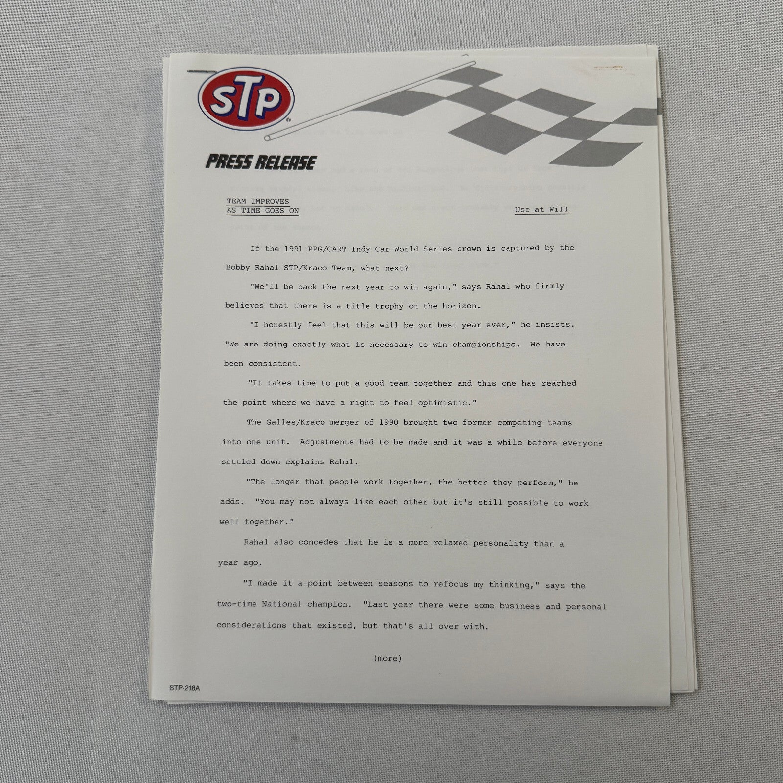 STP Racing Bobby Rahal Kraco Chevy Chevrolet CART PPG Racing Press Kit Brochure