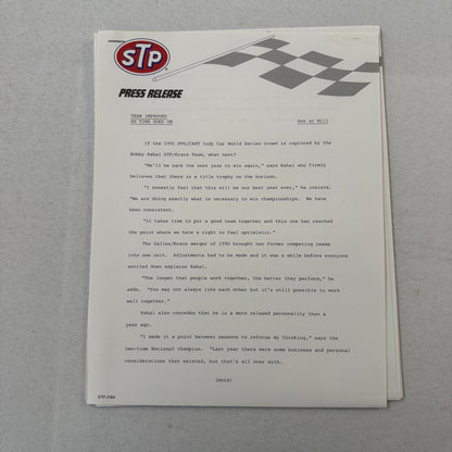 STP Racing Bobby Rahal Kraco Chevy Chevrolet CART PPG Racing Press Kit Brochure