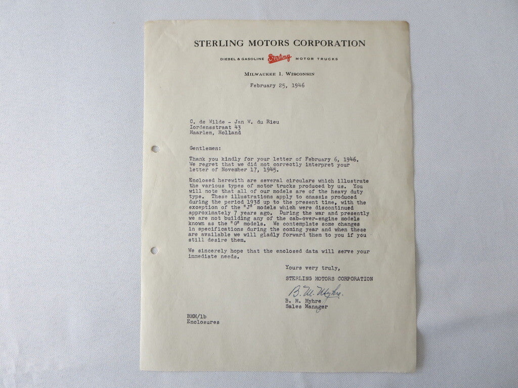 1946 Sterling Motor Truck Corporation Letter Letterhead Document 