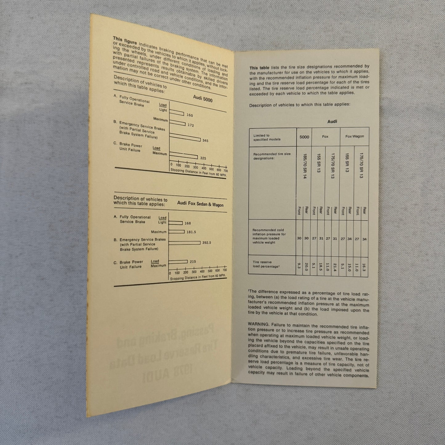 1978 Audi Technical Spec Sales Brochure Catalog Passing Braking and Tire Reserve