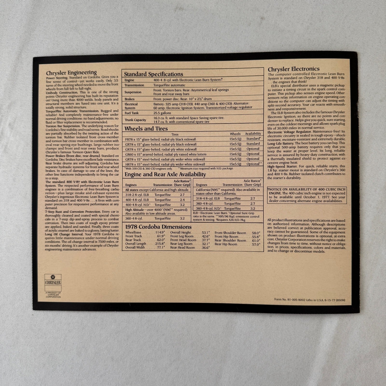1978 Chrysler Cordoba Car Sales Brochure Catalog Advertising