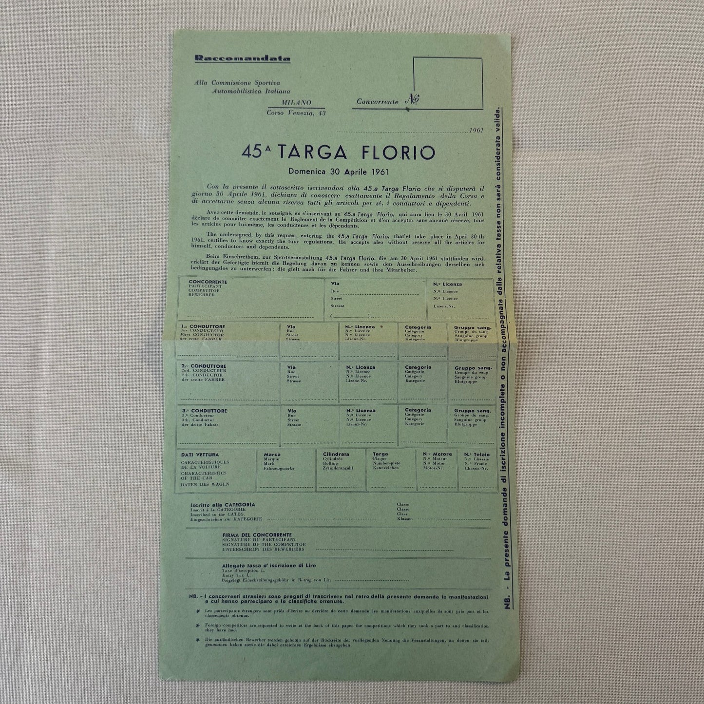 1961 Targa Florio Racing Race Application Form Document Vintage