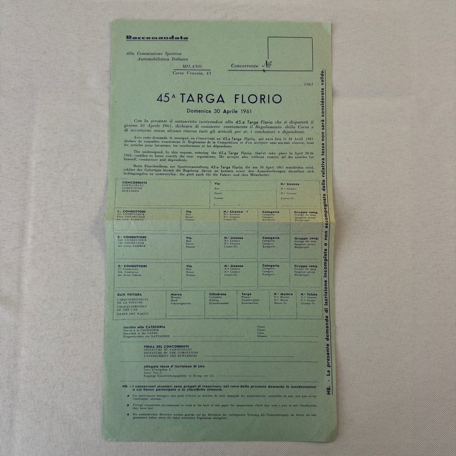 1961 Targa Florio Racing Race Application Form Document Vintage